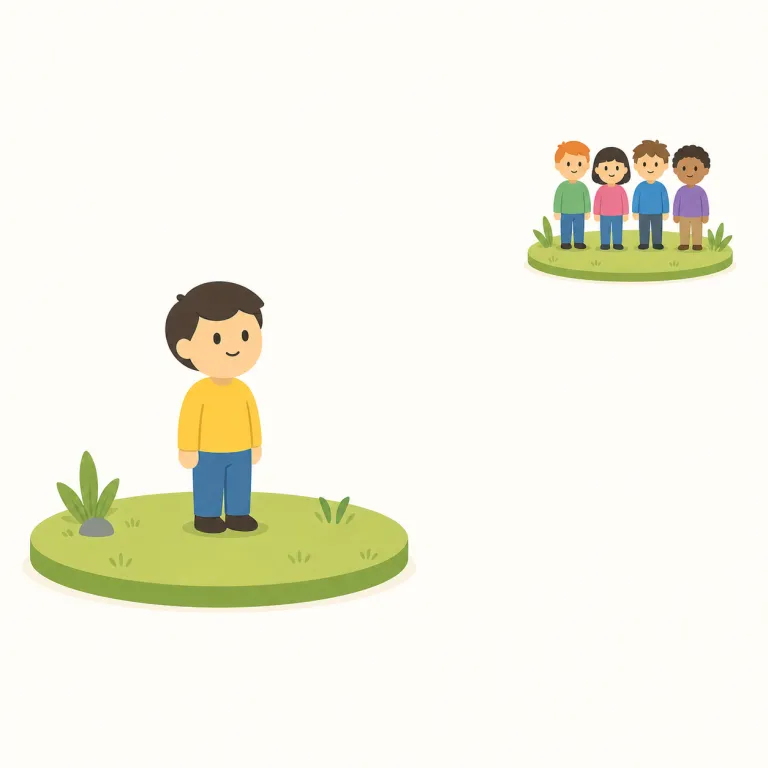 isolated（孤立した・形容詞）の覚え方イラスト — isolated は isolate「切り離す」から来た形容詞で、人・場所・集団が周囲とのつながりを失って離れている状態を表します