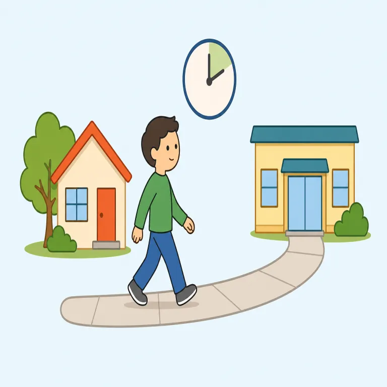 it's a ten-minute walk（歩いて10分・イディオム）の覚え方イラスト — まず `a ten-minute walk` をひとかたまりで覚える