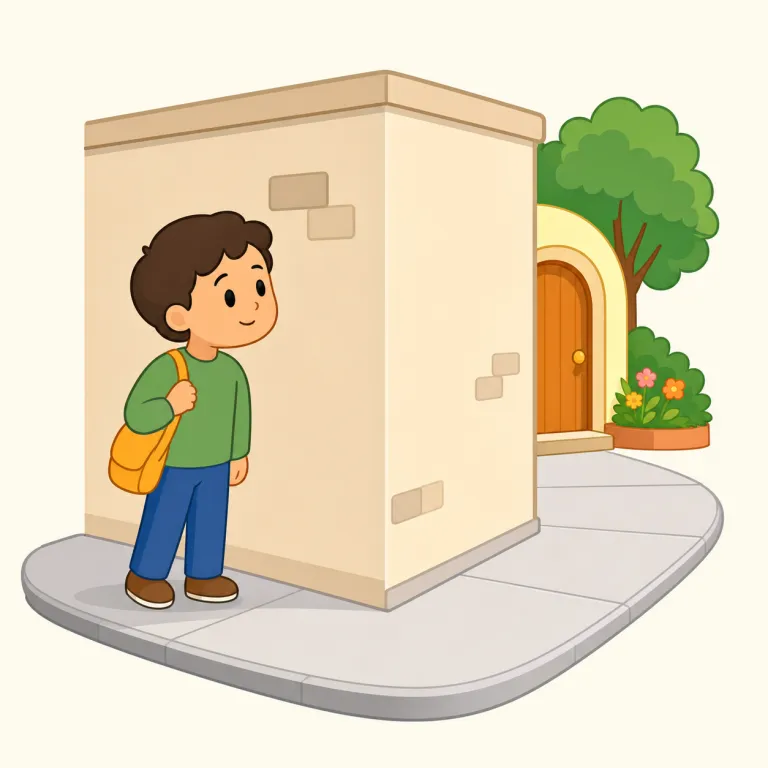 it's just around the corner（もうすぐだ・イディオム）の覚え方イラスト — まず corner を「角」として、そのまま情景で覚えるのが近道です