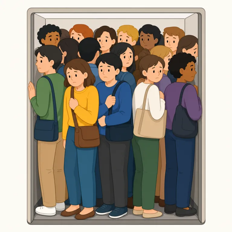 it's too crowded（混雑しすぎている）の覚え方イラスト — crowded は crowd（群衆）をそのまま形容詞化した語だと見ると覚えやすいです