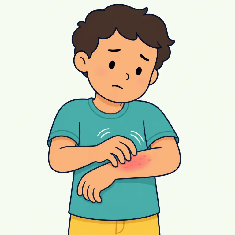 itch（かゆみ・名詞）の覚え方イラスト — an itch（かゆみ）、have an itch（かゆい）、scratch an itch（かゆい所をかく）を一組で覚える