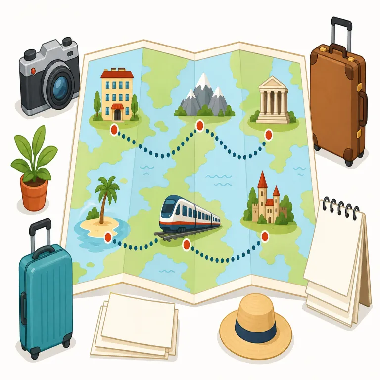 itinerary（旅程・名詞）の覚え方イラスト — trip や travel より具体的で、「旅行そのもの」ではなく、出発から到着までの行き先・順番・日程を並べた実務的な計画表を指す語