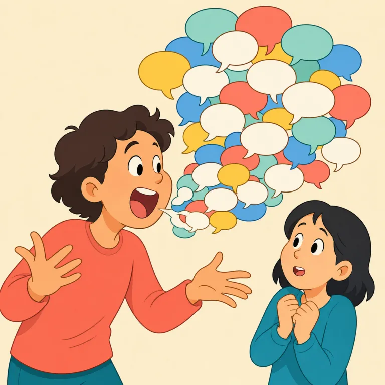 jabber（ペチャクチャ話す・動詞）の覚え方イラスト — jabber は talk や speak のような中立語ではなく、chatter・babble・blabber と同じく「口が止まらない」側の動詞としてまとめて覚えると定着し…