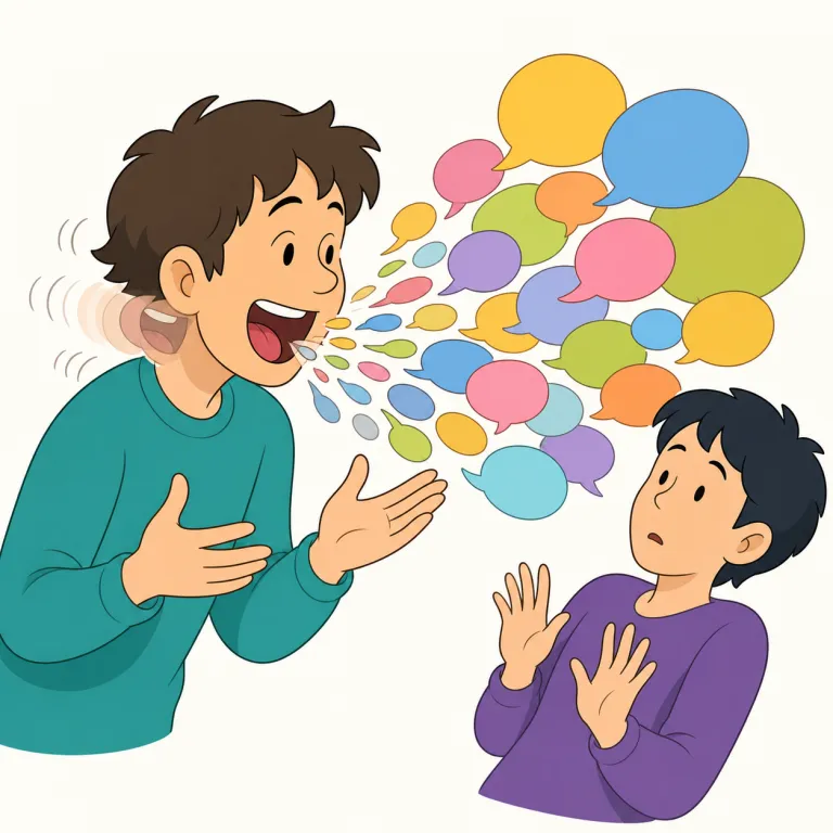 jabbering（早口でまくし立てる・動詞）の覚え方イラスト — jabbering は「内容のある発話」ではなく、「口が止まらず、速く、ごちゃごちゃ聞こえる話し方」を思い浮かべると残りやすいです