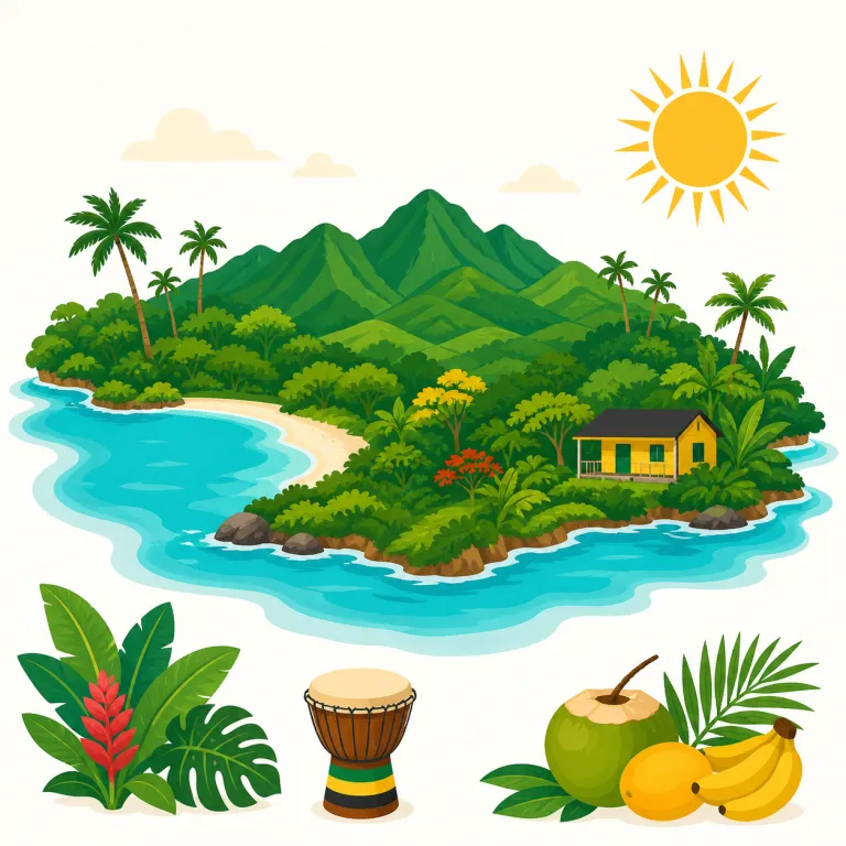 jamaica（ジャマイカ・名詞）の覚え方イラスト — カリブ海の島国で、レゲエ音楽の発祥地として有名