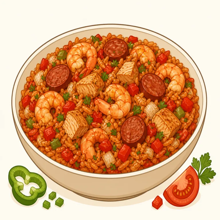 jambalaya（ジャンバラヤ・名詞）の覚え方イラスト — 固有名詞系の料理名なので、細かく分解して意味を取るより、使われる場面ごと覚えるのが近道です