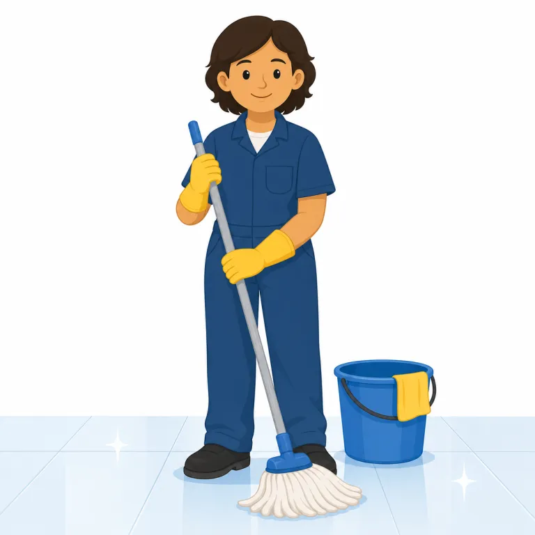 janitor（管理人・名詞）の覚え方イラスト — この「管理人」の janitor は、清掃員という基本義とは別に、建物を見回り、鍵や設備、簡単な修理、利用状況などを日常的に世話する人として覚えます