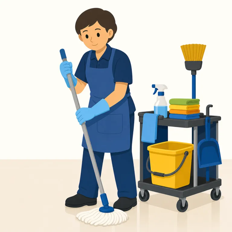 janitorial（清掃業務の、用務員の・形容詞）の覚え方イラスト — janitor（用務員・管理人）を知っていれば、その形容詞形が janitorial