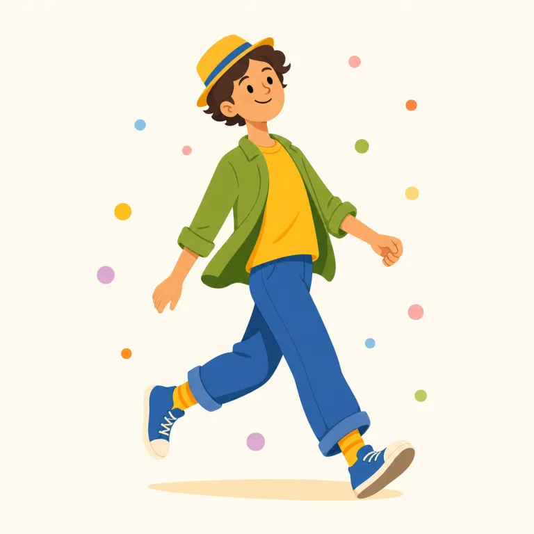 jaunty（陽気な・形容詞）の覚え方イラスト — joyful のような単なる「うれしい」ではなく、表情・足取り・帽子のかぶり方まで軽快で少し洒落た感じを思い浮かべると残りやすい語