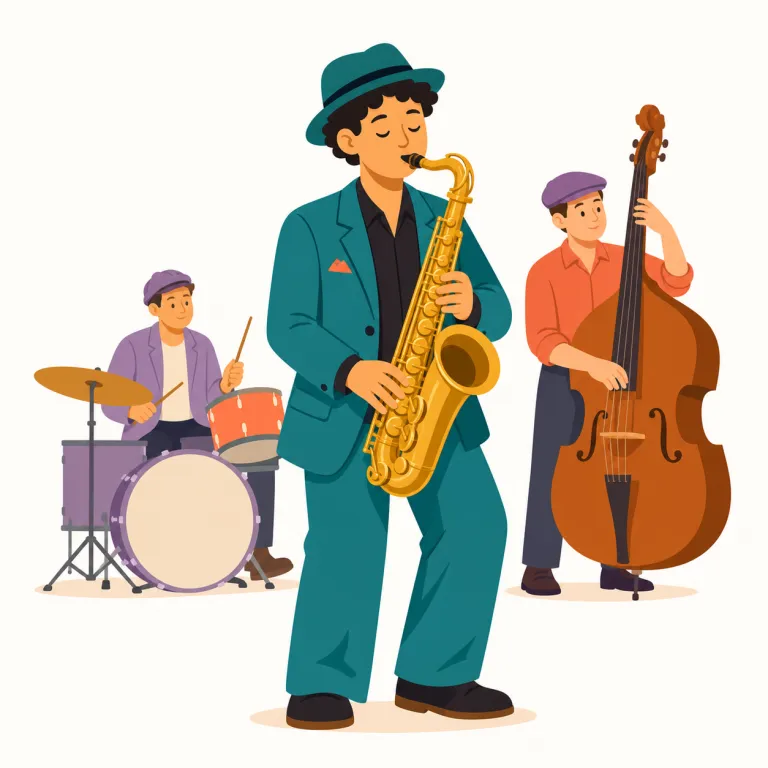 jazz（ジャズ・名詞）の覚え方イラスト — jazz は日本語でも見慣れているので、まず「落ち着いたBGM一般」ではなく、improvise（即興する）や swing と結び付けて覚えると定着しやすいです