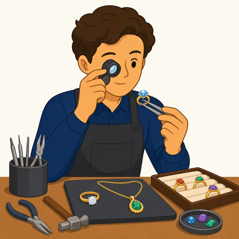 jeweler（宝石商・名詞）の覚え方イラスト — この意味の jeweler は、宝石を作る「宝石職人」ではなく、宝石や指輪などを扱って売買する「宝石商」として覚えます