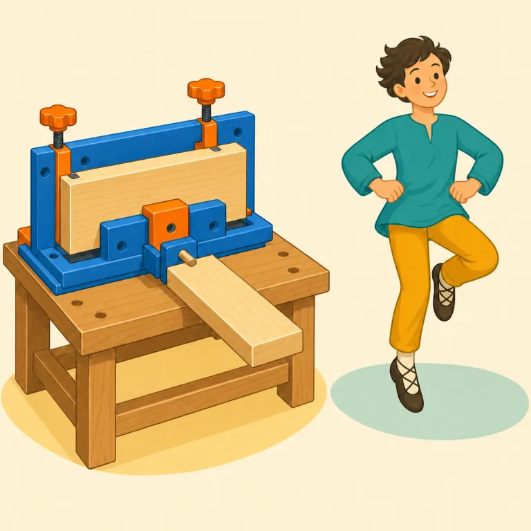 jig（治具 / 踊り・名詞）の覚え方イラスト — 技術分野では drill jig（穴あけ用治具）のように、作業位置を正確に保つ道具を指す