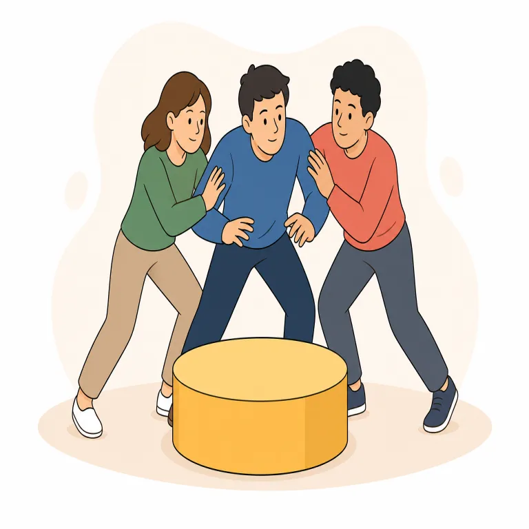 jockeying（駆け引きすること・名詞）の覚え方イラスト — jockeying は、表立った議論や直接対決ではなく、相手の出方を見ながら自分に有利になるよう立ち回る「駆け引きすること」です