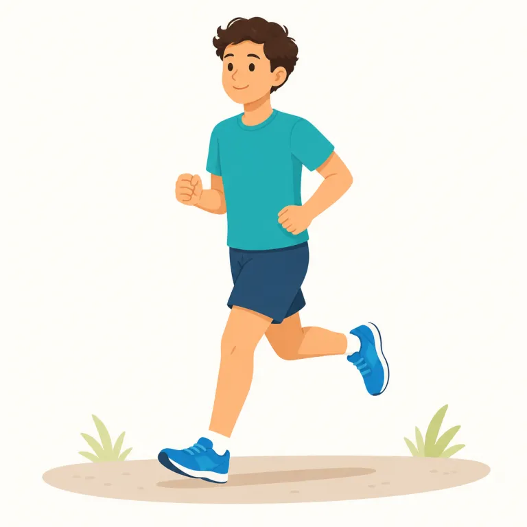 jog（軽く走る・動詞）の覚え方イラスト — 動詞 jog は「全力で走る」ではなく、足を小刻みに動かしてゆるく前へ進むイメージで覚える