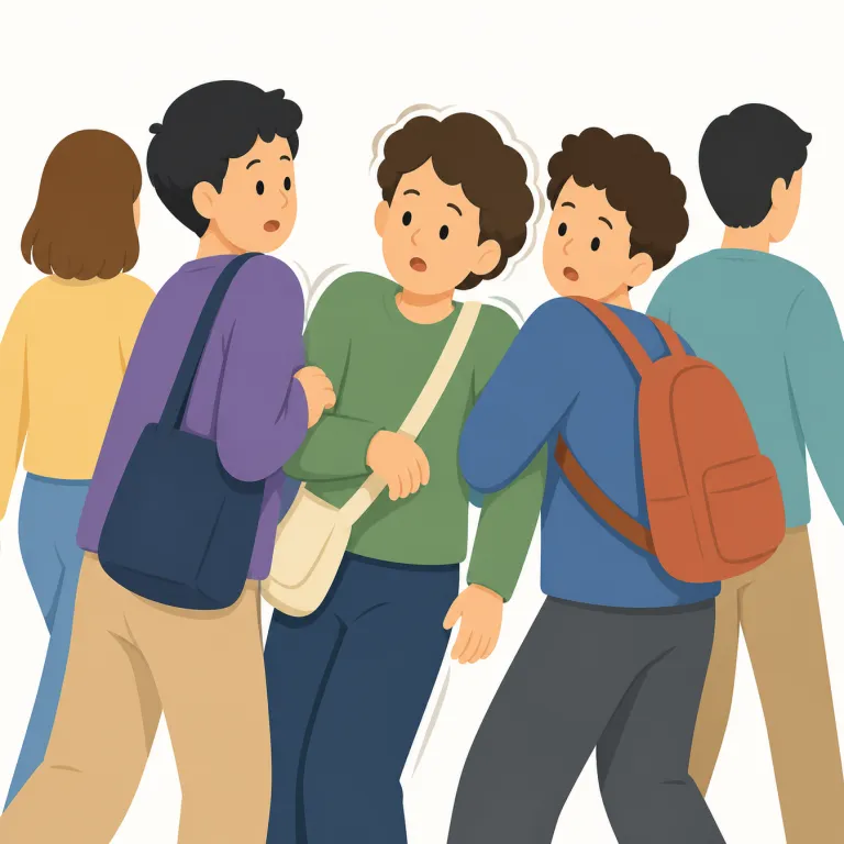 jostle（押し合う・動詞）の覚え方イラスト — この「押し合う」は、誰か一人を押しのける基本義ではなく、混雑の中で人同士が互いに体をぶつけ合う状態を表します