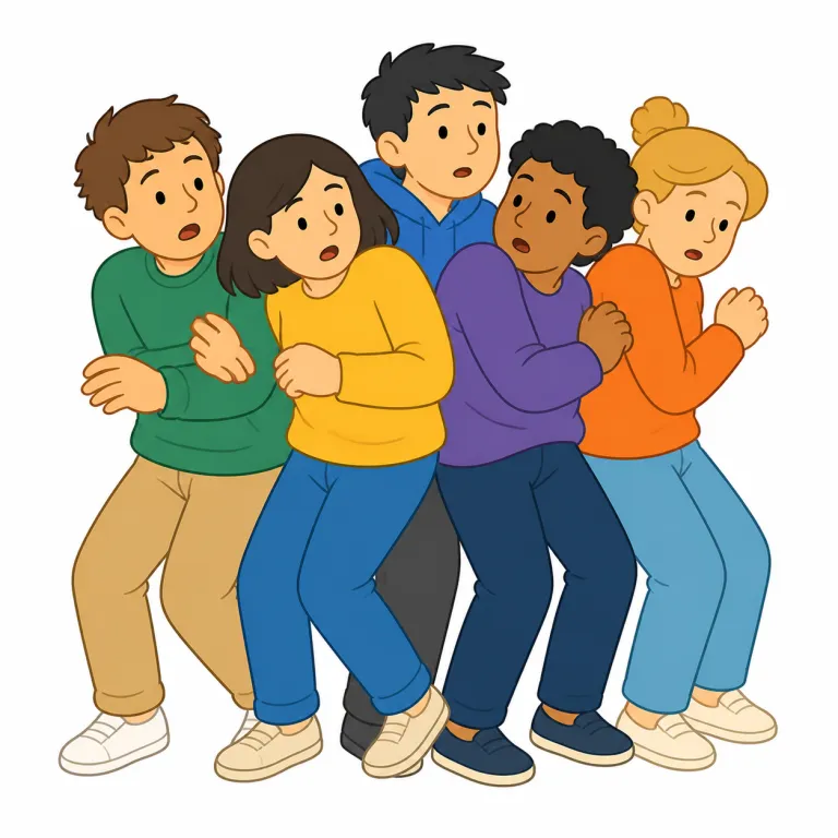 jostling（押し合い・名詞）の覚え方イラスト — 名詞では、誰が誰を押したかよりも、その場に生じた「押し合い状態」をまとめて指します