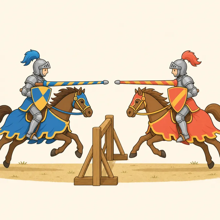 joust（馬上槍試合・名詞）の覚え方イラスト — まず duel と比べて覚えると定着しやすいです
