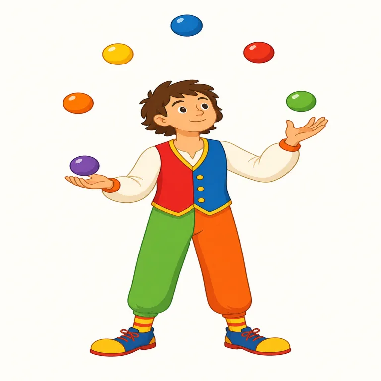 juggler（曲芸師・名詞）の覚え方イラスト — まず動詞の juggle「（複数の物を）次々投げて操る」を押さえ、そこに「〜する人」の -er が付いた形だと見ると覚えやすいです