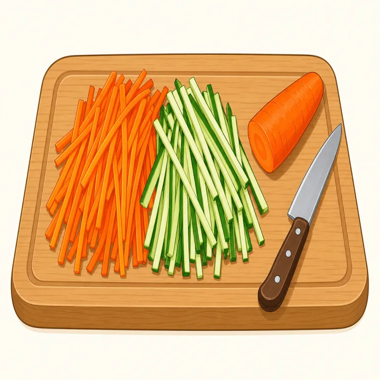 julienne（千切り・名詞）の覚え方イラスト — 料理の文脈で見たら、まず「食材名」ではなく「切り方の名前」だと固定すると覚えやすい語です