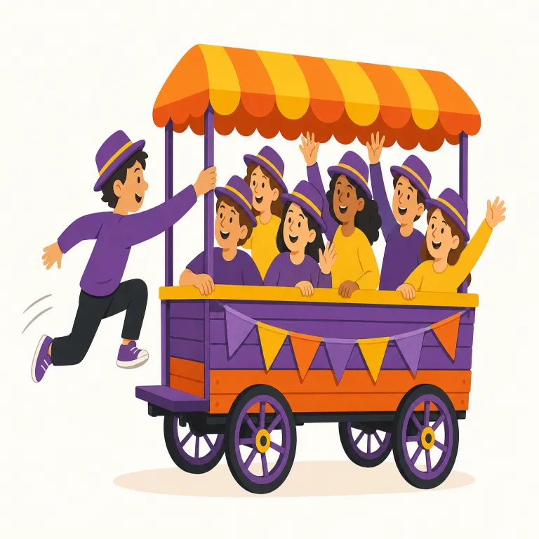 jump on the bandwagon（時流に乗る・イディオム）の覚え方イラスト — jump on は「飛び乗る」、bandwagon は人目を集める宣伝車・山車