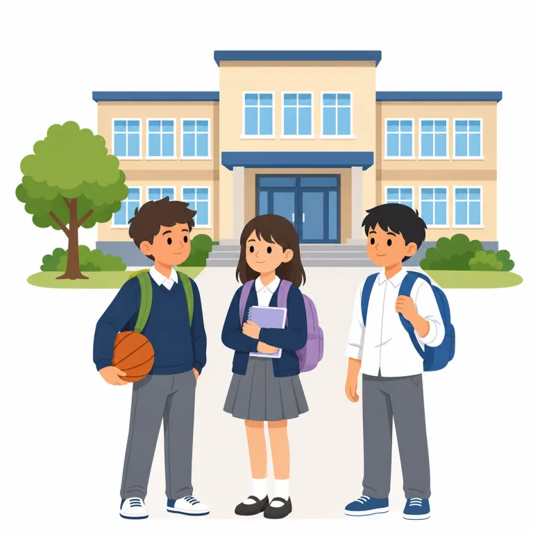 junior high school（中学校・名詞）の覚え方イラスト — `high school`（高校）が分かれば、前に付く`junior`を「年下の・下位の」と捉えるだけで覚えやすいです