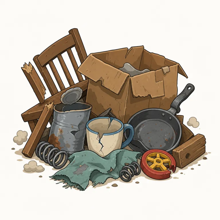 junk（がらくた、くず・名詞）の覚え方イラスト — junk drawer「何でも放り込んだ引き出し」や a pile of junk「がらくたの山」を思い浮かべると、単なる生ごみではなく、形はあるのに使い道がない物という感覚が残ります