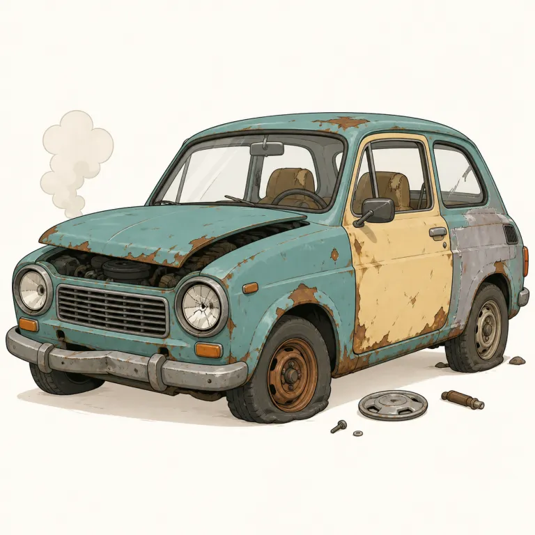 junker（廃車・名詞）の覚え方イラスト — junk は「がらくた、不要品」を表す基本語で、そこに「〜する人・物」を作る -er が付いた形と考えると、junker は「がらくた同然の物」、特に古い車を指すと覚えやすいです