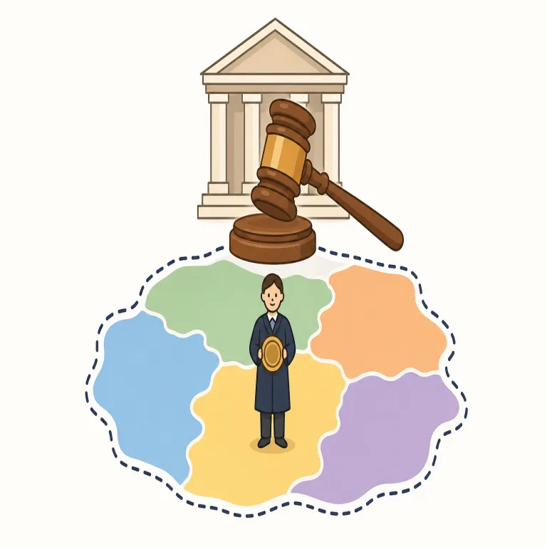 jurisdiction（管轄権・名詞）の覚え方イラスト — jurisdiction は、場所そのものではなく「そこで正式に判断・命令できる権限」を表します