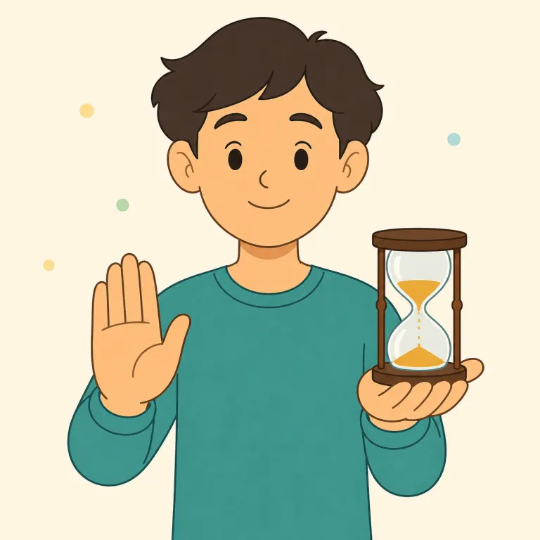 just a moment（ちょっと待って・イディオム）の覚え方イラスト — これは just a moment の「少しの間」という基本義とは別に、会話で相手に一時停止を求める決まり文句として覚える用法です