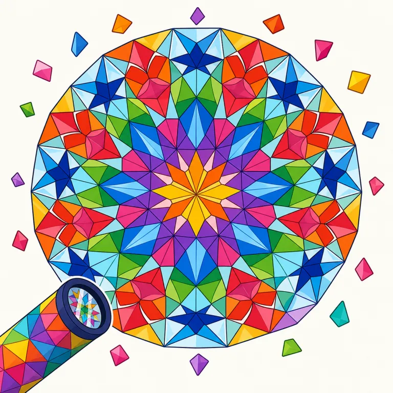 kaleidoscopic（万華鏡のような・形容詞）の覚え方イラスト — まず名詞 kaleidoscope「万華鏡」を知っていると覚えやすく、-ic が付いて「万華鏡のような」という形容詞になります