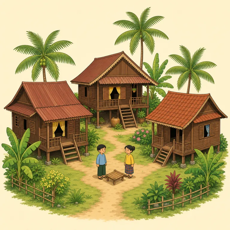 kampong（マレーの村落・名詞）の覚え方イラスト — まず basic な語の village を土台にし、「東南アジアの文脈で出てくる地域限定の village」が kampong と覚えると残りやすいです
