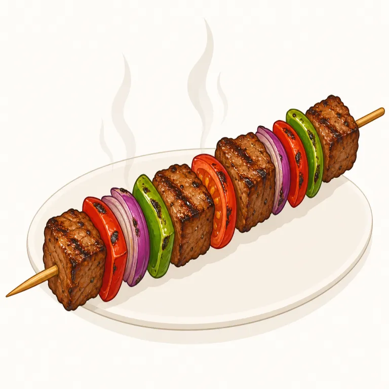 kebab（串焼き・名詞）の覚え方イラスト — kebab は単に「串」ではなく、店名やメニューで見かける“味つき肉料理の名前”として覚えると定着しやすいです
