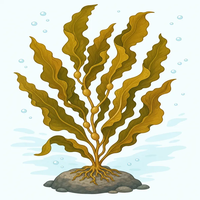 kelp（昆布・名詞）の覚え方イラスト — seaweed が「海藻」全般なら、kelp はその中でも cold ocean に育つ大型の brown seaweed、特に昆布を思い浮かべると定着しやすい語です