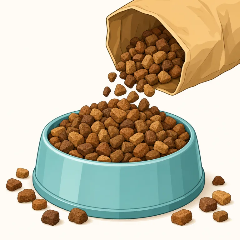 kibble（ドライフード・名詞）の覚え方イラスト — kibble は pet food の中でも dry food、つまり小さく硬い粒の餌を指す語として覚えると実用的です