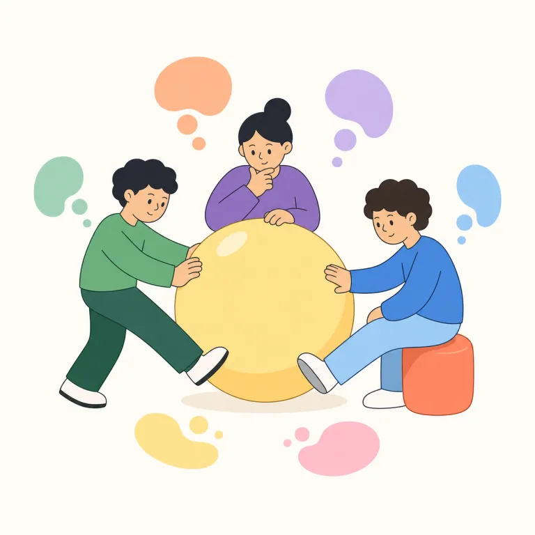 kick around（あれこれ検討する・句動詞）の覚え方イラスト — この意味の kick around は、案や考えをボールのように一人で抱え込まず、会話の中で軽く出し合うイメージです