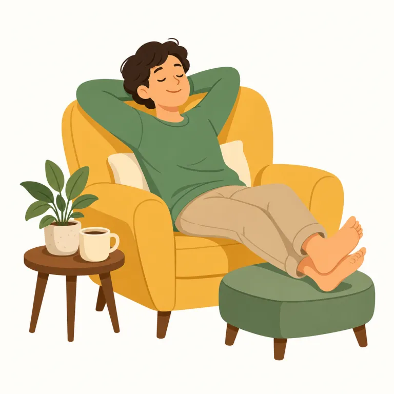 kick back（くつろぐ、のんびりする・動詞）の覚え方イラスト — kick は「蹴る」より、ここでは足を前に放り出す感じで捉えると覚えやすいです