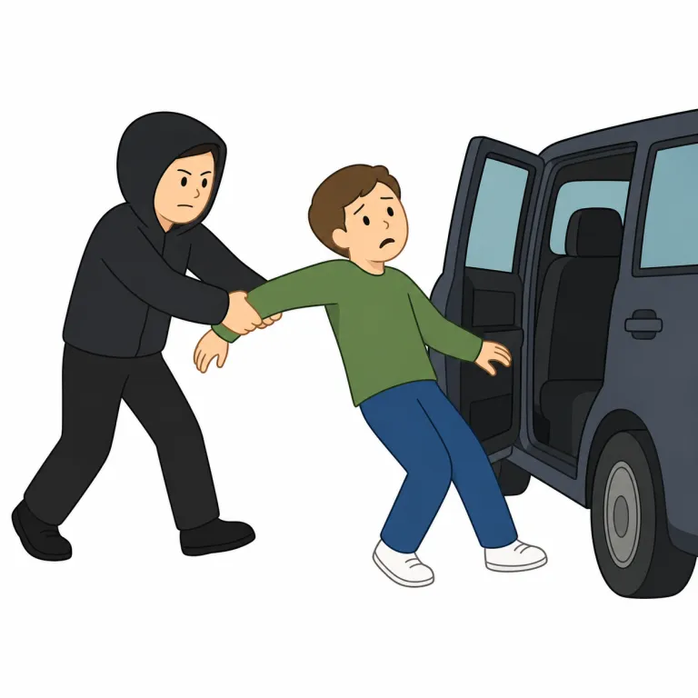 kidnap（誘拐する・動詞）の覚え方イラスト — kid は「子ども」で覚えやすいが、kidnap は対象が子どもに限らず、人を不法に連れ去る重い語