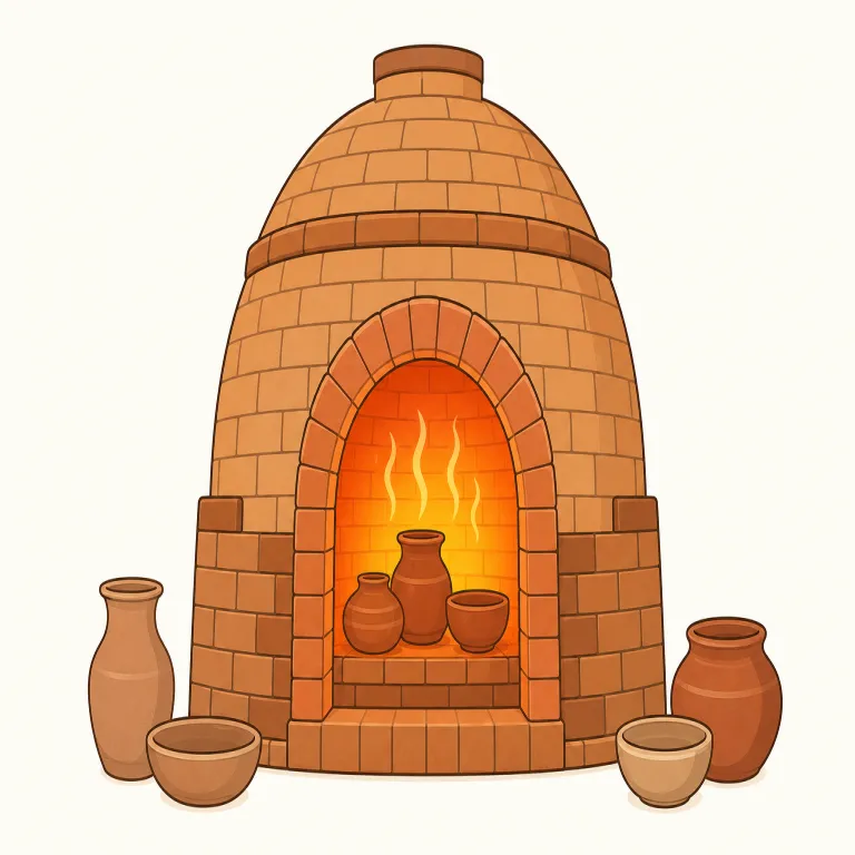 kiln（窯・名詞）の覚え方イラスト — kiln は「料理する oven」ではなく、「土・れんが・木材などを高温で処理して性質を変える専用炉」として覚えると定着しやすいです
