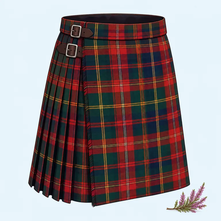 kilt（キルト・名詞）の覚え方イラスト — kilt は、スコットランドの男性が伝統的に着る、タータン柄のひだ付き衣装を指す
