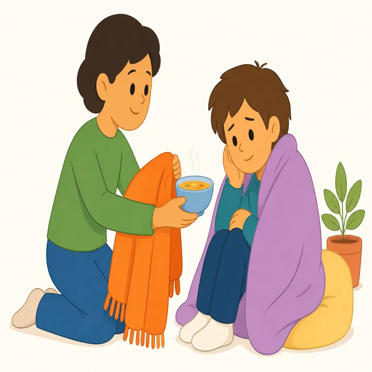 kind to（親切である・イディオム）の覚え方イラスト — kind は「優しい、思いやりのある」という基本語で、to はその気持ちや態度が向かう相手を示します