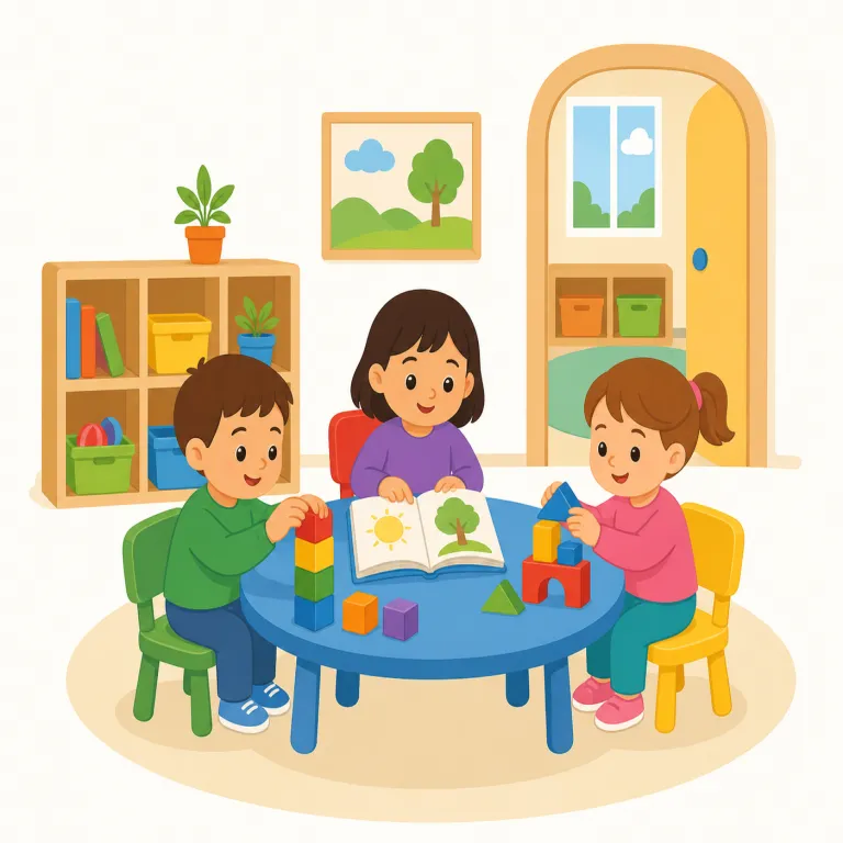 kindergarten（幼稚園・名詞）の覚え方イラスト — 長い単語ですが、つづりを kinder / garten の2つに分け、後半に見える garden から「子どもが集まる庭のような場所」と場面で覚えると残りやすいです