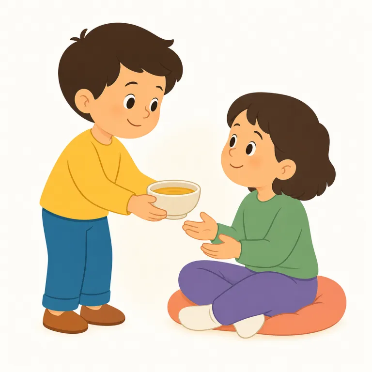 kindly（親切に・副詞）の覚え方イラスト — この kindly は、相手への依頼を丁寧にする「どうか」ではなく、人の行動が思いやりを含んでいる様子を表す副詞として覚える