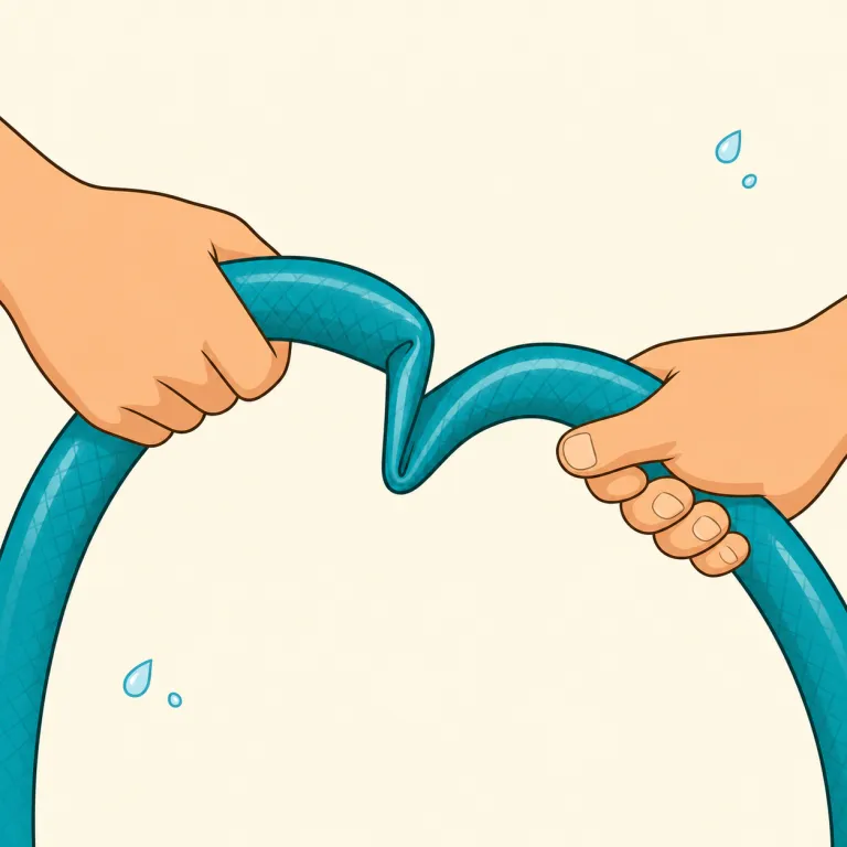 kink（折れ曲がり、ねじれ・名詞）の覚え方イラスト — kink は、ホースやコードが途中で鋭く曲がってできる「ねじれ」を指す