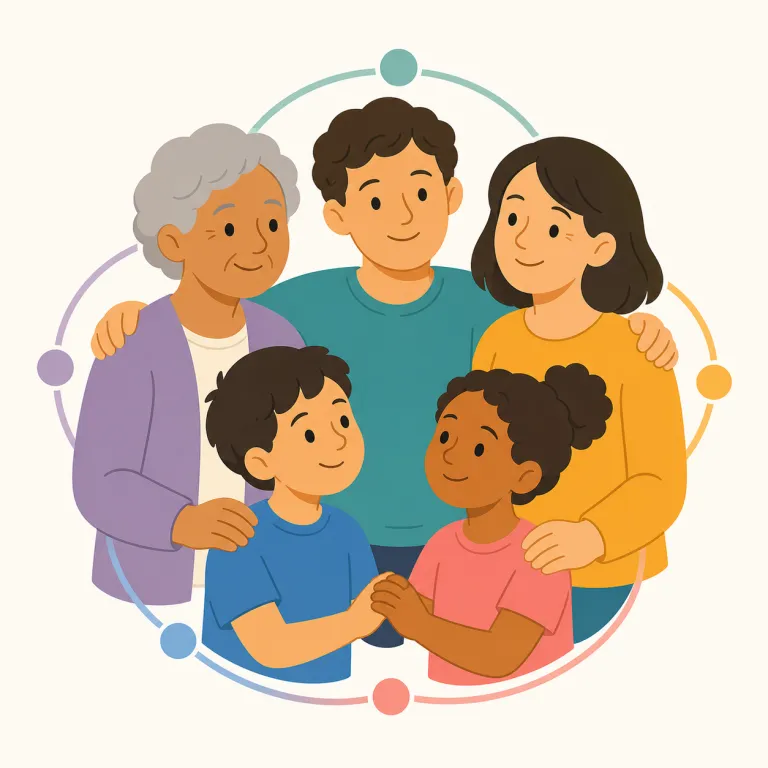kinship（親族関係・名詞）の覚え方イラスト — kinship を kin「身内」＋ -ship「関係・状態」と分けると、単なる family ではなく「身内どうしを結ぶ仕組み」と捉えやすくなります
