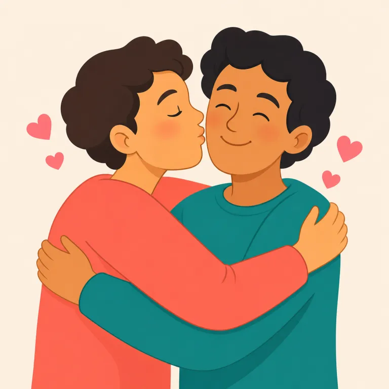 kissy（キスしたがる、愛情を示す・形容詞）の覚え方イラスト — kiss がすぐ浮かぶ語なので、まず中心を「キスする」と固定し、-y を見たら「そういう感じが強い・その気配がある」と広げて覚える