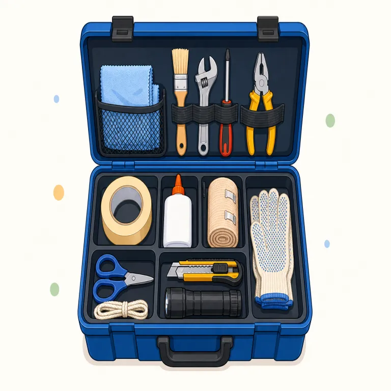 kit（道具一式、用品セット・名詞）の覚え方イラスト — kit は「こまごました必要物を、使う目的ごとにひとまとめにしたもの」と押さえると覚えやすいです