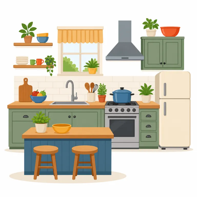 kitchen（台所・名詞）の覚え方イラスト — longitudinal は名詞 longitude「経度」から作る形容詞だと押さえると、この意味を覚えやすいです