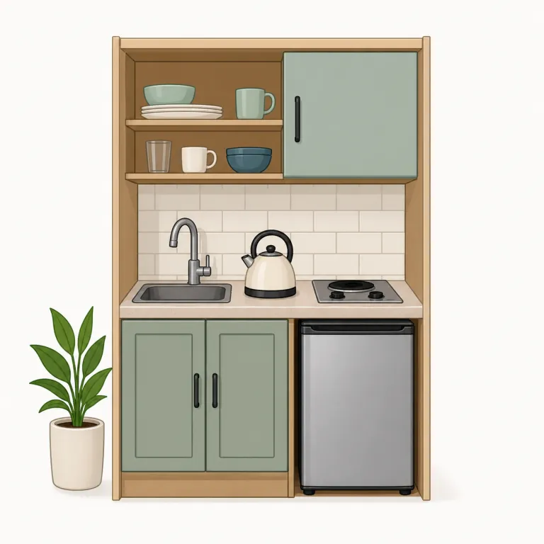 kitchenette（簡易キッチン・名詞）の覚え方イラスト — kitchenette は kitchen に小さいものを表す接尾辞 -ette が付いた語です