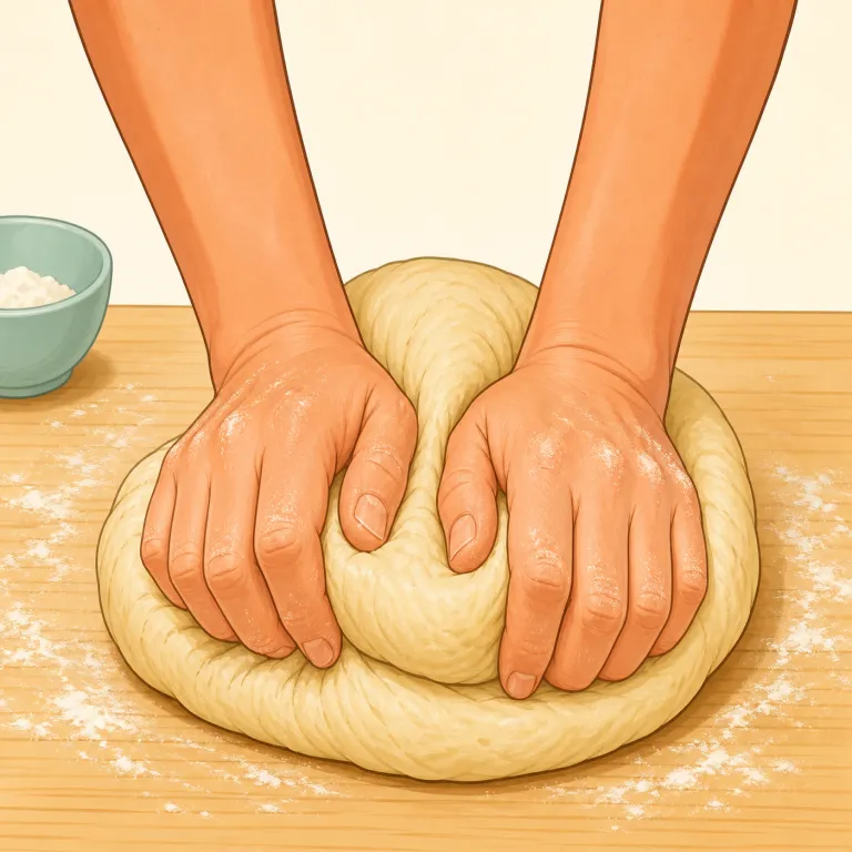 knead（こねる・動詞）の覚え方イラスト — knead は bread や dough と一緒に覚えると定着しやすい語