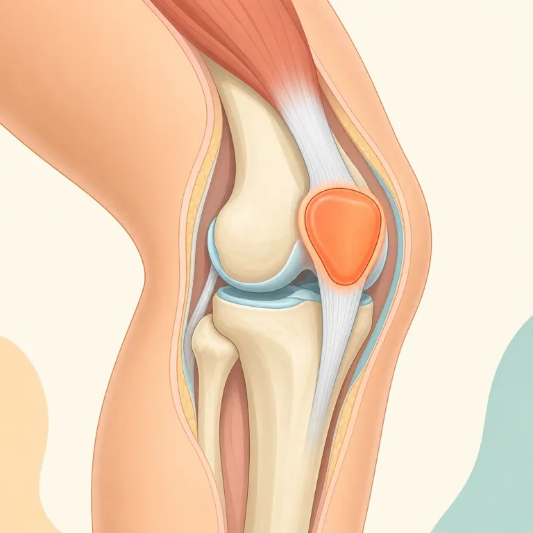 kneecap（膝蓋骨・名詞）の覚え方イラスト — knee が「ひざ」、cap が「ふた・覆い」と分かれば、「ひざにかぶさるもの」で絵として覚えやすい単語です